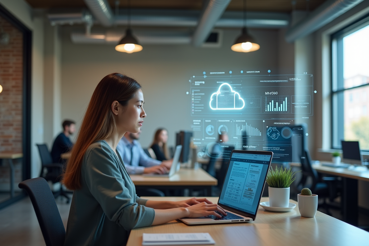 Jeune femme IT travaillant sur un ordinateur avec hologrammes