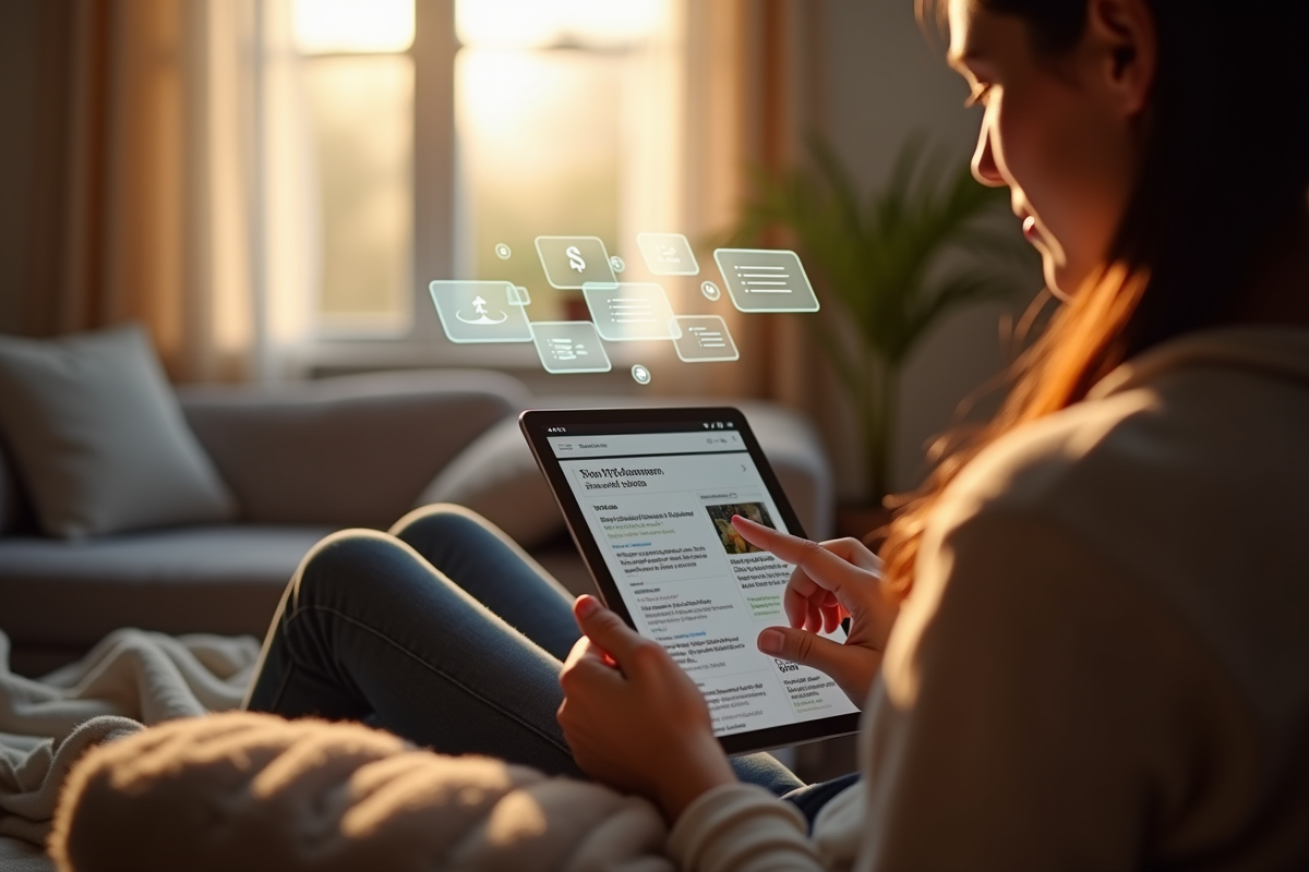 Personne lisant des actualités sur une tablette dans un salon cosy