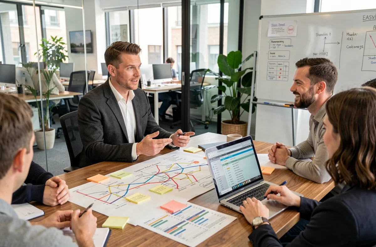 Consultant Lipper en accompagnement digital animant une réunion stratégique avec un client