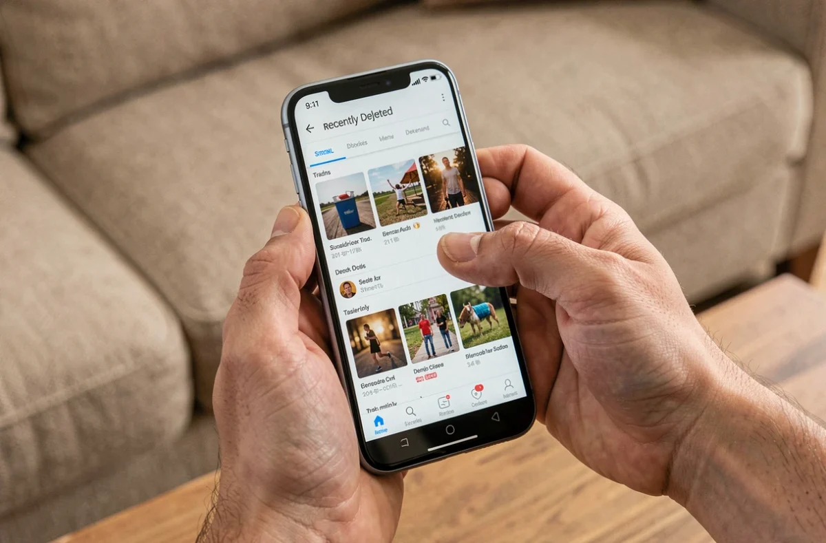Mains tenant un smartphone Android ouvert sur l'album récemment supprimé pour vider la corbeille photo