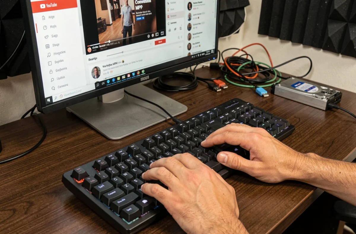 Mains sur clavier convertissant un clip YouTube en fichier MP4 dans un studio musical maison