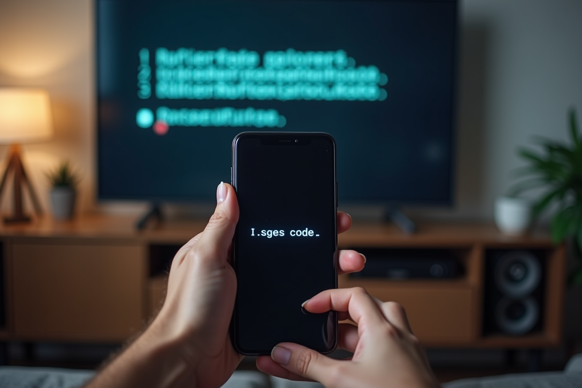 Mains tenant un smartphone devant une télévision avec un code erreur dans un salon