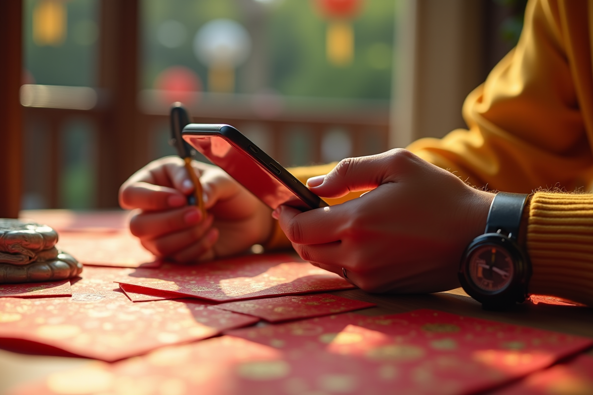 Mains tenant un smartphone avec jeu année du serpent en gros plan