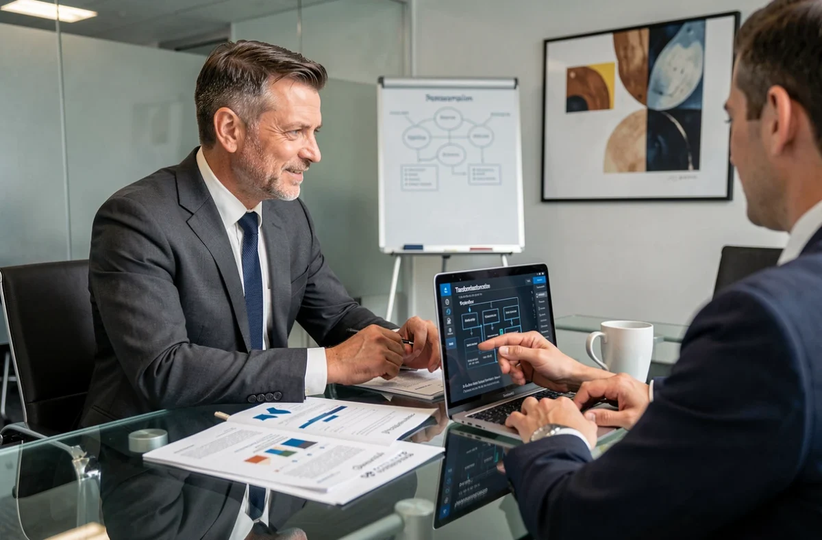 Consultant de Médéri Consulting présentant une stratégie de transformation numérique à un client en salle de réunion
