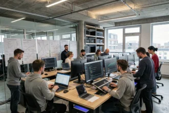 Vue panoramique d'un bureau informatique moderne dans le Nord, avec une équipe diversifiée de professionnels IT collaborant autour d'ordinateurs et de tableaux de bord numériques