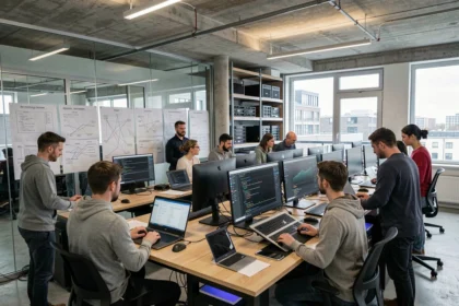 Vue panoramique d'un bureau informatique moderne dans le Nord, avec une équipe diversifiée de professionnels IT collaborant autour d'ordinateurs et de tableaux de bord numériques
