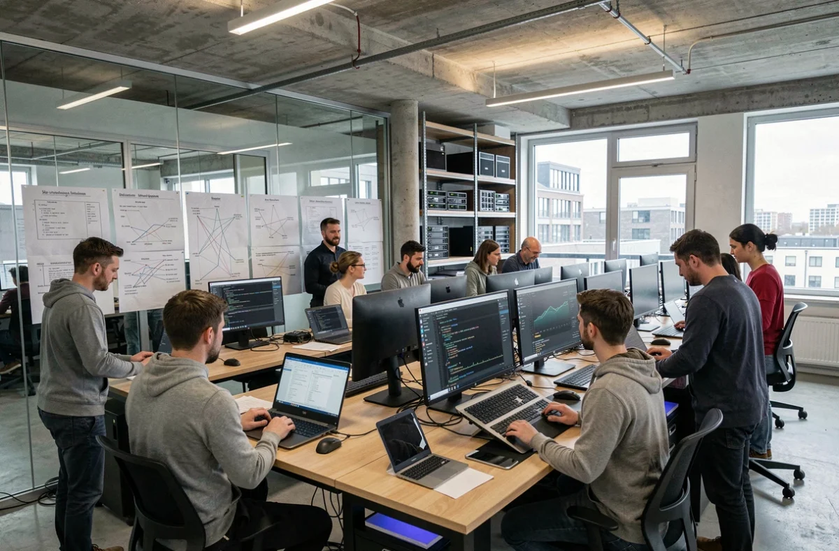 Vue panoramique d'un bureau informatique moderne dans le Nord, avec une équipe diversifiée de professionnels IT collaborant autour d'ordinateurs et de tableaux de bord numériques