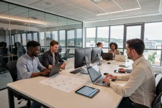 Équipe de prestataires informatiques professionnels travaillant ensemble dans un bureau moderne du Val-de-Marne
