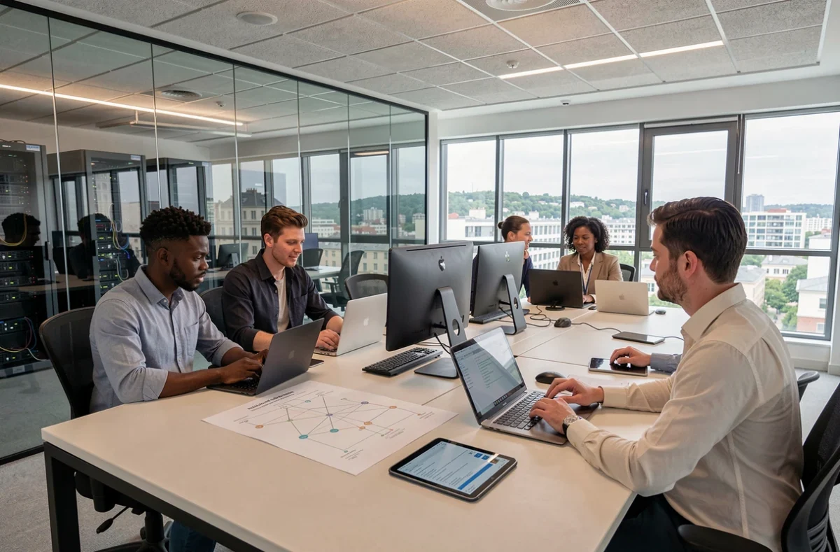 Équipe de prestataires informatiques professionnels travaillant ensemble dans un bureau moderne du Val-de-Marne