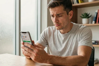 Homme consultant une notification de mise à jour de Google sur son smartphone dans un bureau à domicile moderne