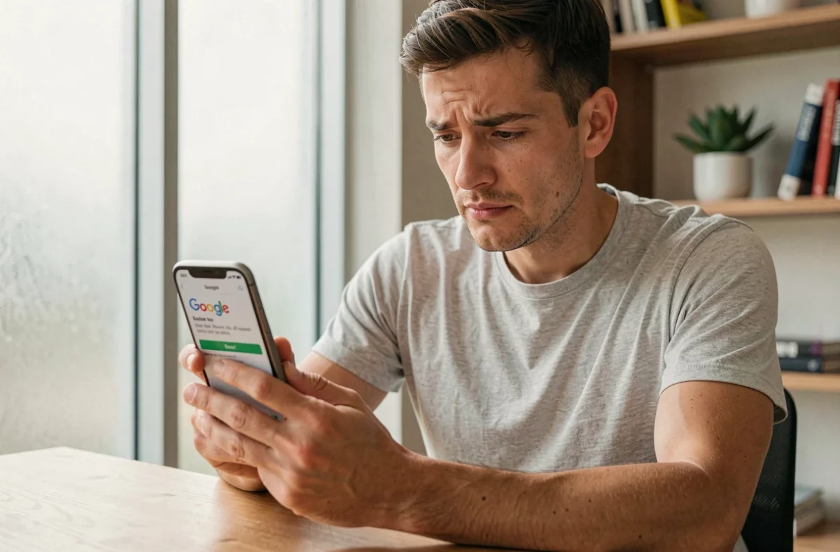 Homme consultant une notification de mise à jour de Google sur son smartphone dans un bureau à domicile moderne