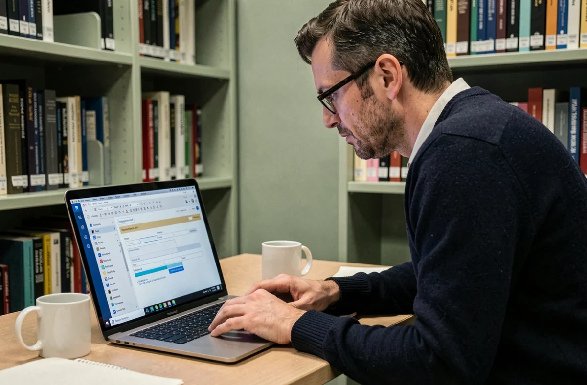 Homme avec lunettes modifiant une signature électronique Zimbra sur un laptop dans une bibliothèque académique