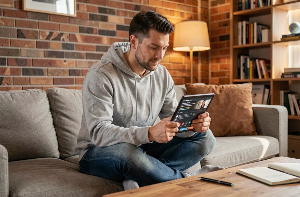 Jeune homme lisant les mentions légales d'une plateforme vidéo sur tablette dans un salon moderne