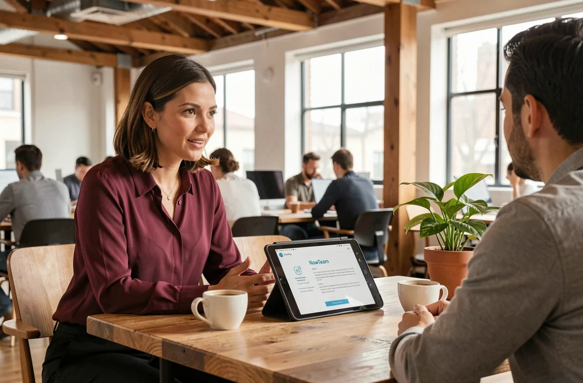 Conseillère de NowTeam présentant une proposition de services informatiques à un client dans un espace de co-working