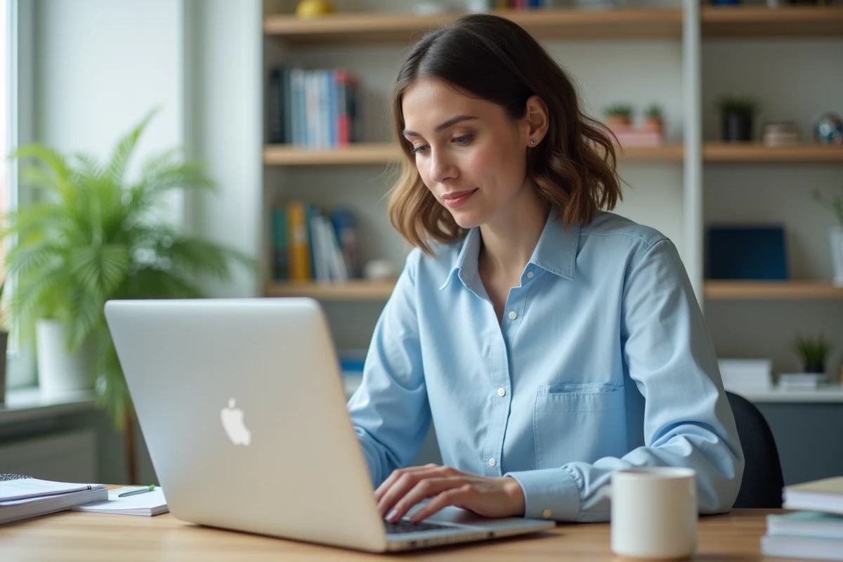 Chercheuse organisant sa messagerie professionnelle inrae.fr sur un ordinateur portable dans un bureau moderne