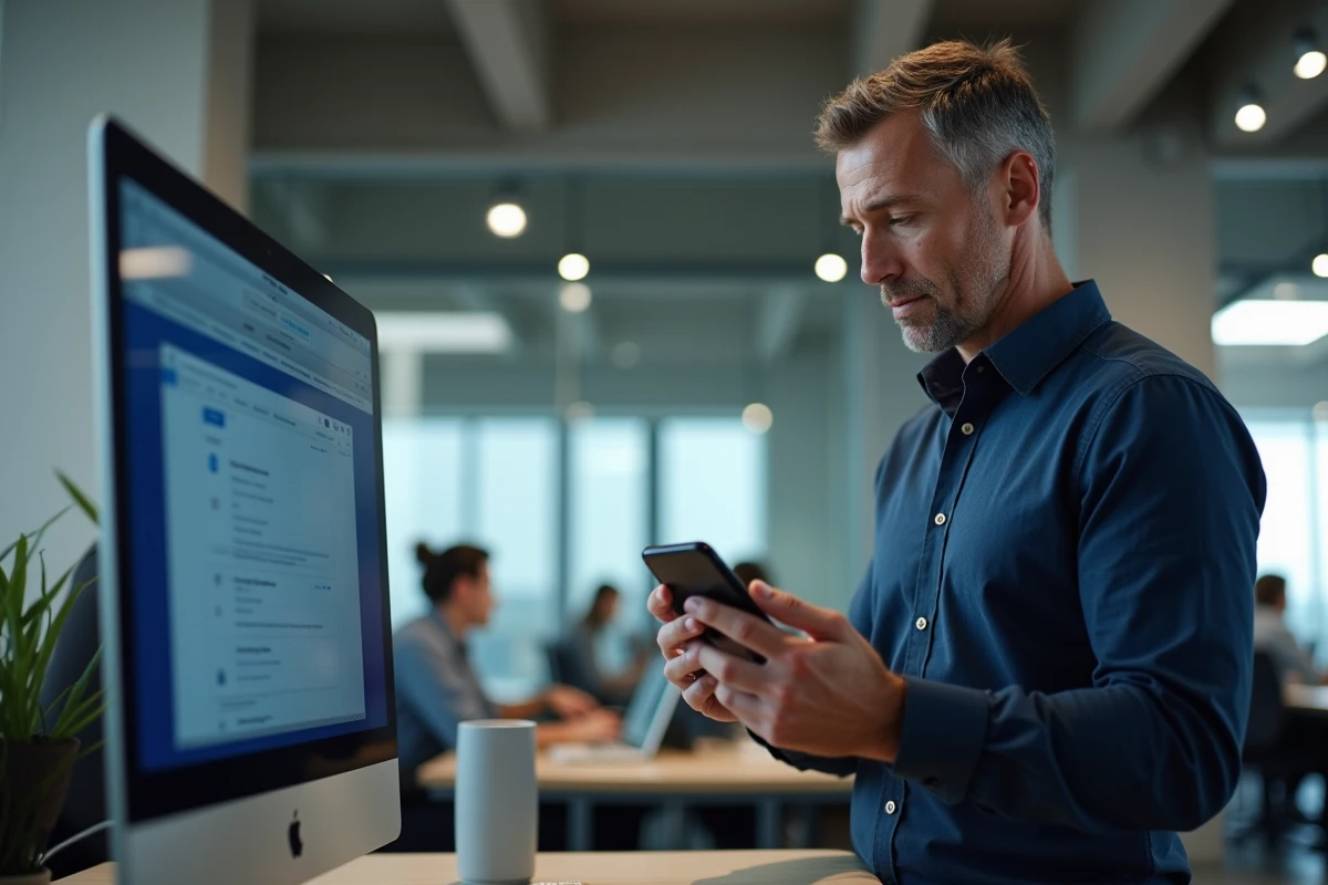 Homme configurant Apple Mail et Outlook avec IONOS dans un bureau professionnel moderne