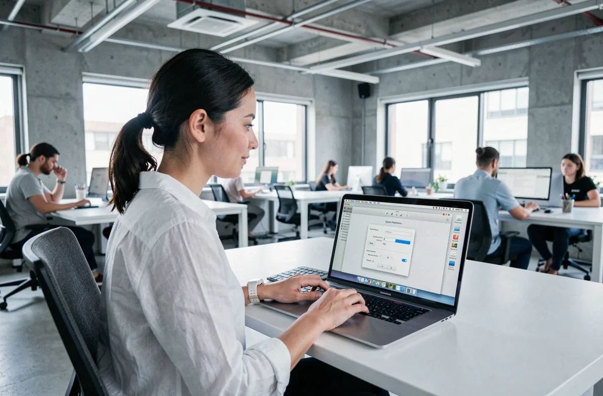 Femme paramétrant la disposition de clavier QZERTY sur macOS dans un espace de coworking