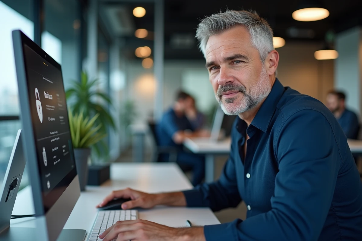 Homme en open space consultant les paramètres de confidentialité d'un webmail sur un écran d'ordinateur de bureau