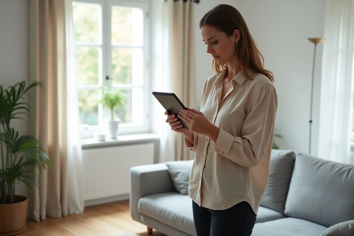 Mère d'élève vérifiant les échanges scolaires sur tablette via Webmel 54 dans le salon
