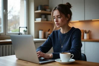 Mère d'élève consultant sa messagerie scolaire Webmel 54 sur un ordinateur portable dans sa cuisine