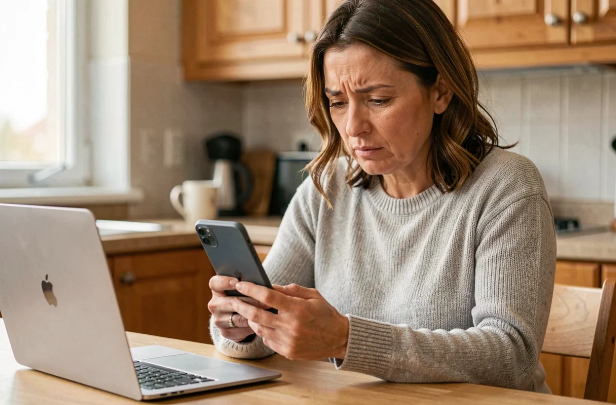 Mère de famille cherchant des solutions aux problèmes de connexion ENT77 sur son téléphone à la maison