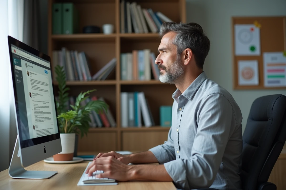 Père d'élève lisant les messages de l'école sur Webmel 54 depuis son bureau à domicile