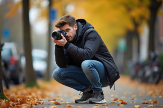 Photographe urbain en automne avec appareil photo numérique