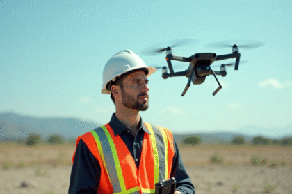 Pilote de drone professionnel en extérieur avec drone en vol