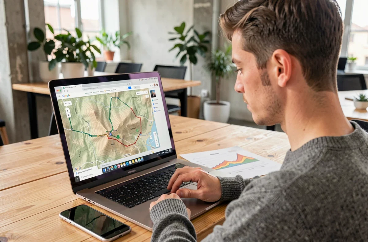 Homme préparant un itinéraire GPX collectif sur Google Maps depuis un ordinateur portable dans un espace de coworking moderne
