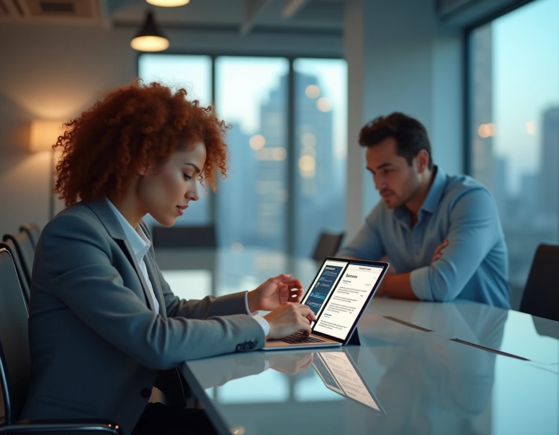 Deux product owners examinant un prototype d'application mobile avec des éléments GUI annotés sur une tablette en salle de réunion