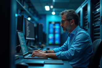 Homme IT en action dans un serveur moderne