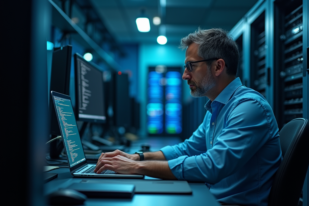 Homme IT en action dans un serveur moderne