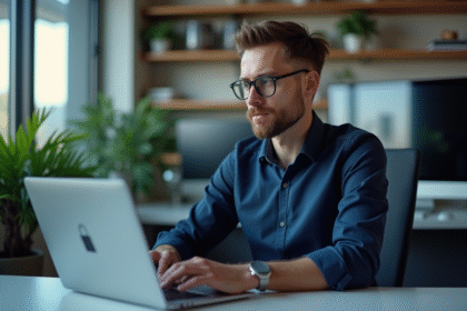 Jeune homme IT concentré sur son ordinateur portable en bureau moderne