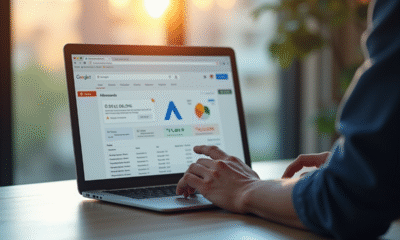 Professionnel utilisant un ordinateur avec tableau de bord Google Ads