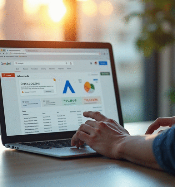 Professionnel utilisant un ordinateur avec tableau de bord Google Ads