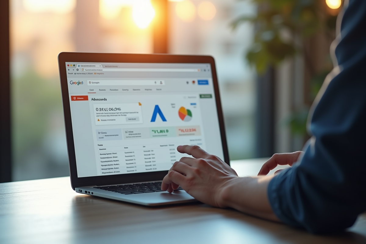 Professionnel utilisant un ordinateur avec tableau de bord Google Ads