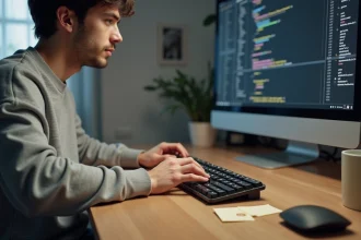 Jeune homme utilisant un raccourci clavier couper sur un clavier mécanique devant un écran d'ordinateur dans un bureau à domicile