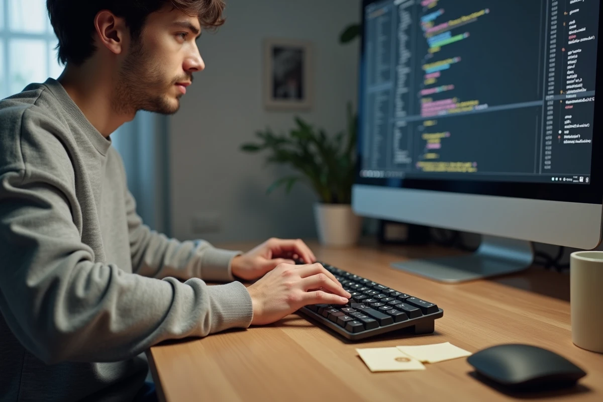 Jeune homme utilisant un raccourci clavier couper sur un clavier mécanique devant un écran d'ordinateur dans un bureau à domicile