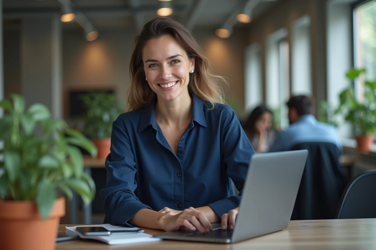 Femme professionnelle exécutant un raccourci clavier couper sur un ordinateur portable dans un espace de coworking moderne