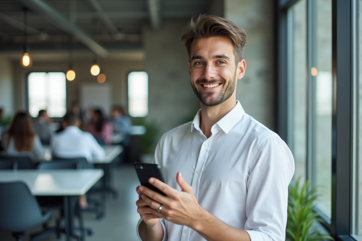Jeune professionnel recevant une notification de document RH sur l'application Arkevia depuis son smartphone dans un espace de coworking