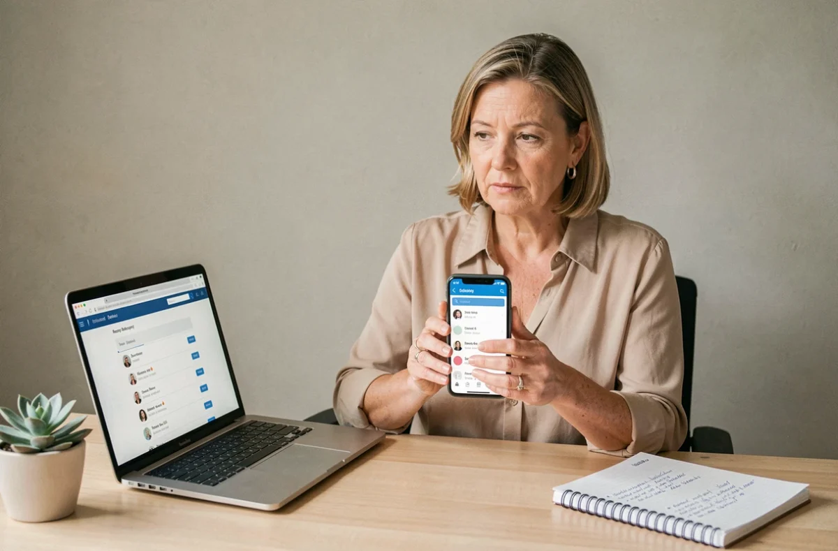 Femme utilisant un ordinateur portable et un smartphone pour retrouver des messages supprimés sans root