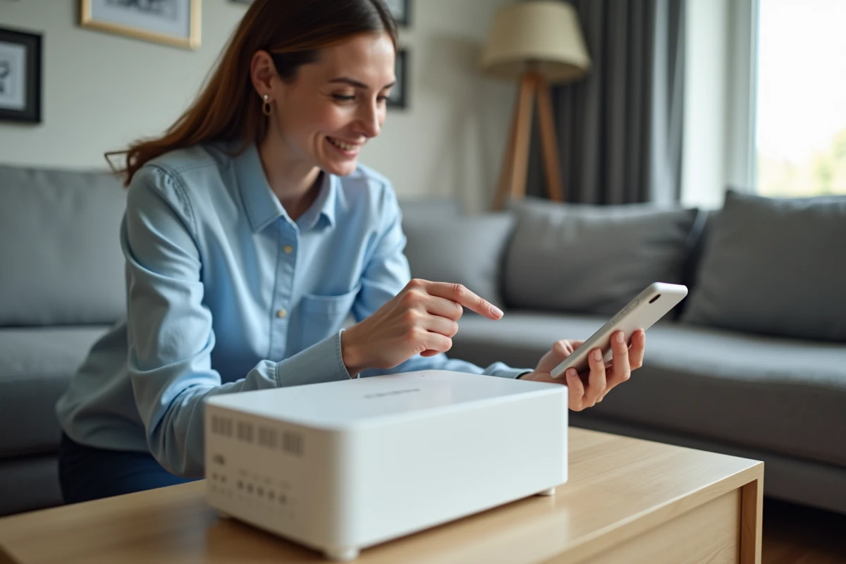 Femme effectuant un diagnostic réseau en appuyant sur le bouton de réinitialisation d'une Freebox Delta dans un salon moderne
