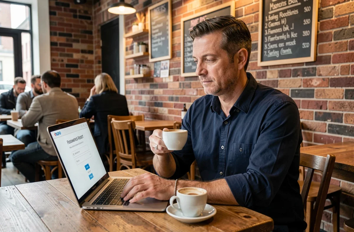 Homme dans un café réinitialisant son mot de passe sur un ordinateur portable pour récupérer l'accès à son compte