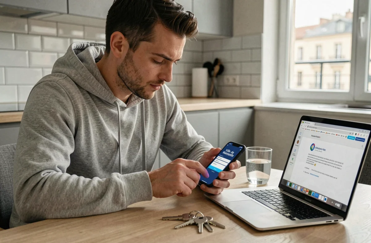 Homme réinitialisant son mot de passe Connect Marseille depuis son smartphone et son ordinateur portable