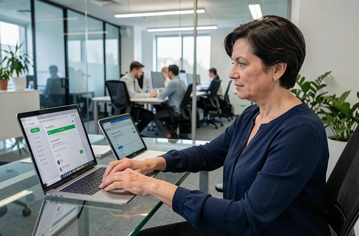 Femme comparant les options de mise à jour et de réinstallation de Google sur un laptop et une tablette dans un bureau professionnel