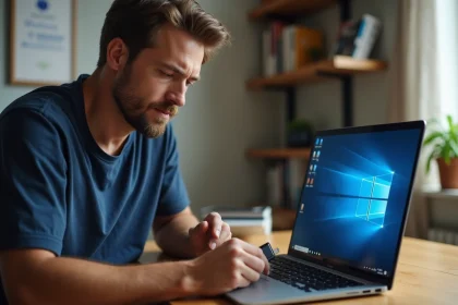 Homme réinstallant Windows 7 depuis une clé USB sur un ordinateur portable dans un bureau à domicile