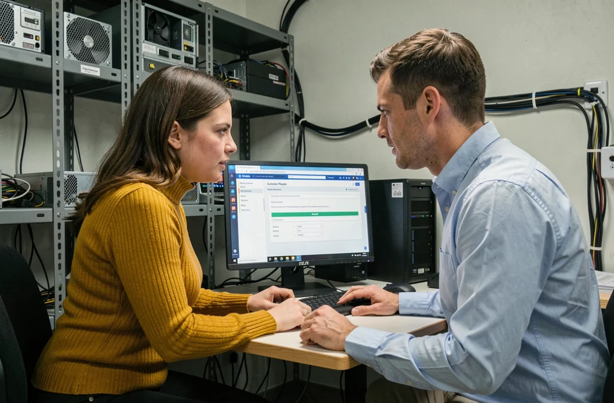 Deux collègues configurant les réponses automatiques Zimbra dans une salle informatique universitaire