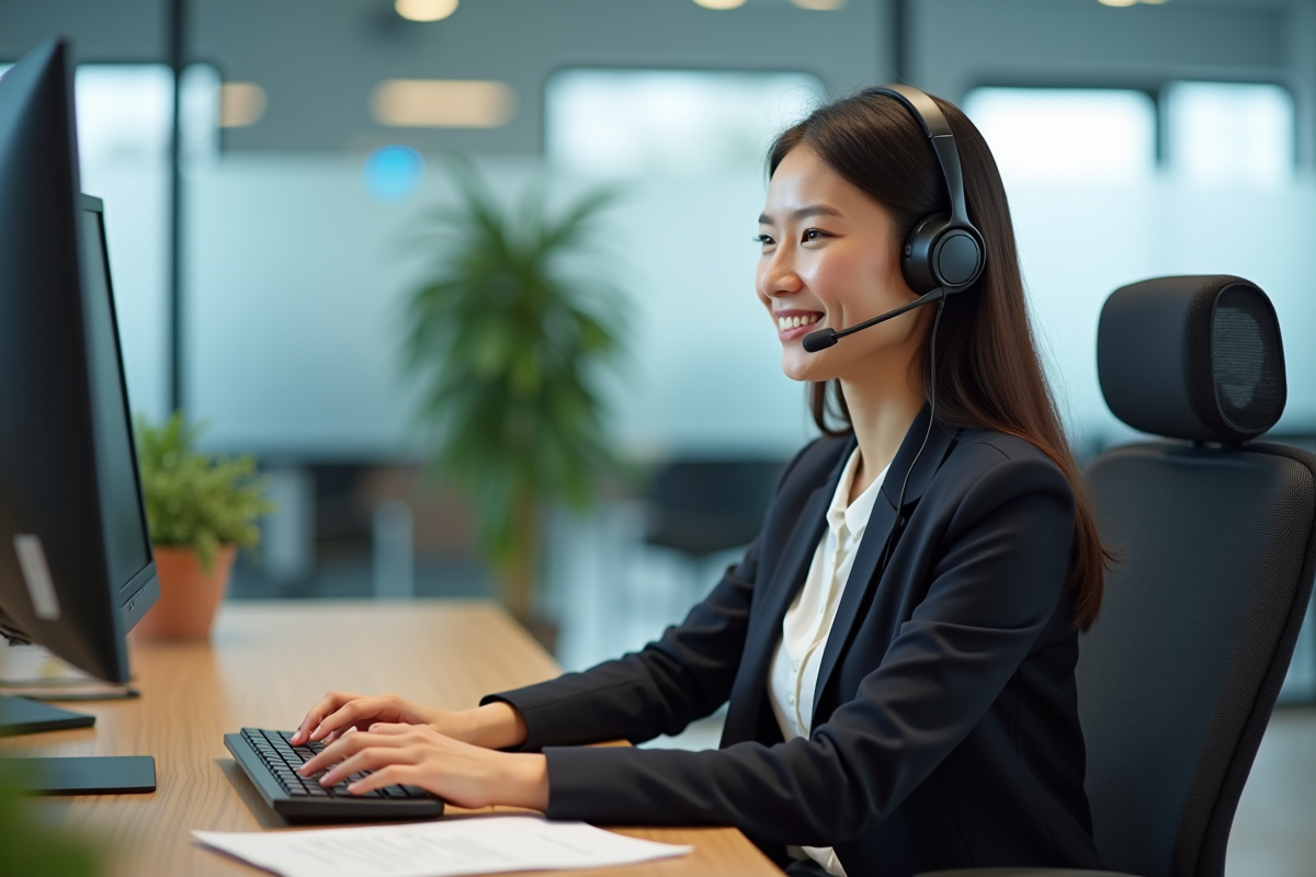 Jeune femme représentante service client avec casque et ordinateur