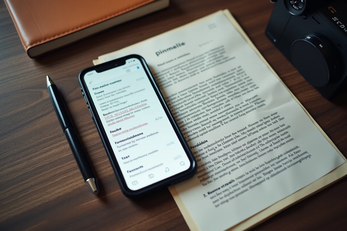 Vue de dessus d'un smartphone affichant une boîte mail, un document avec données masquées et un carnet de notes, symbolisant la rétention des données dans les webmails