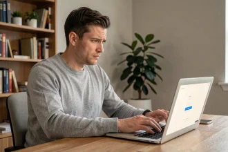 Homme assis à son bureau essayant de retrouver accès à son compte en ligne sur un ordinateur portable